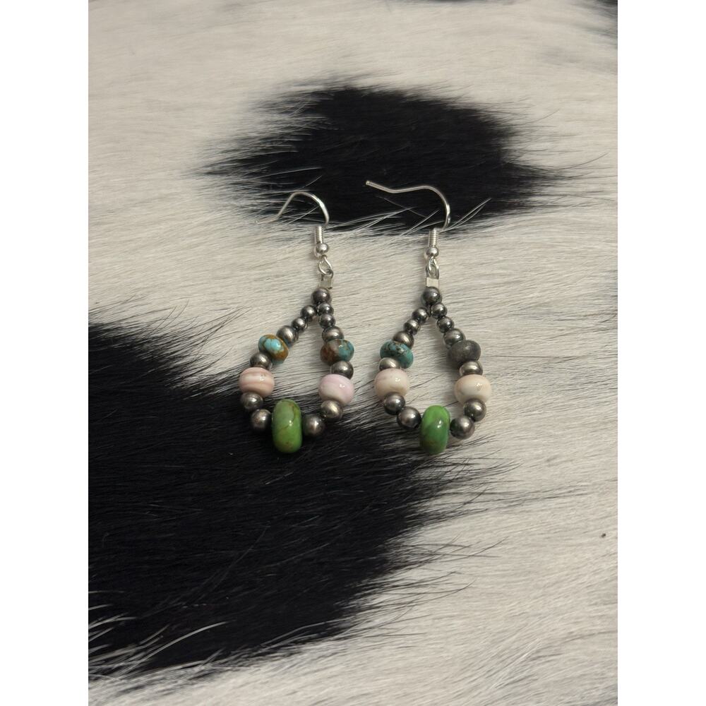 Native American Sterling Silver Navajo Pearl Pink Conch Turquoise Green Earrings - Picture 7 of 7
